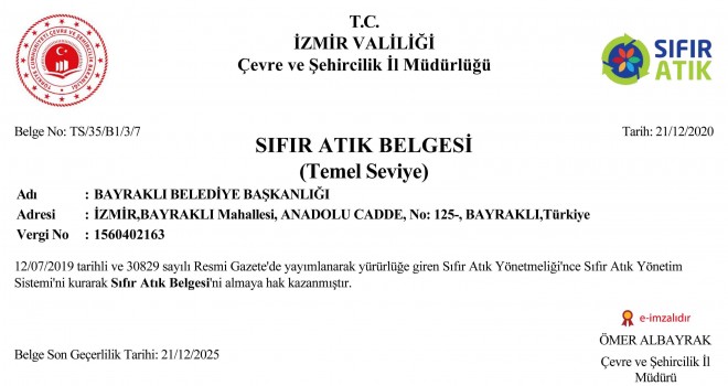 Bayraklı Belediyesi Sıfır Atık Belgesi aldı